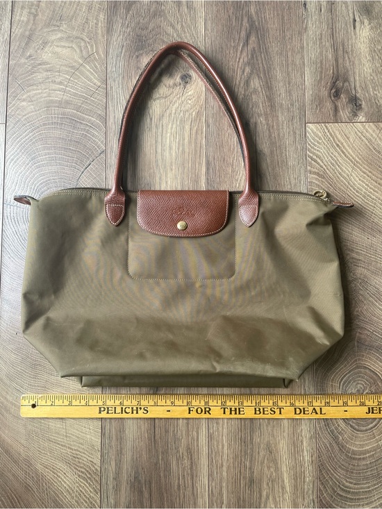 Longchamp Handbags - Vintage Longchamp Le Pliage Large Tote Bag Olive Green Leather Trim Gold Snap